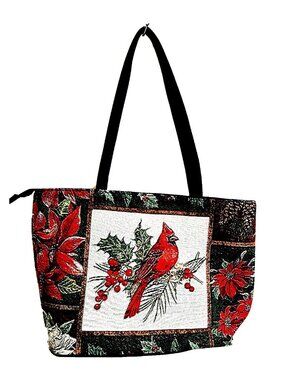 Christmas Red Robbin Bird Floral Canvas Tote Shoulder Bag Holiday  Zip Top  NWOT